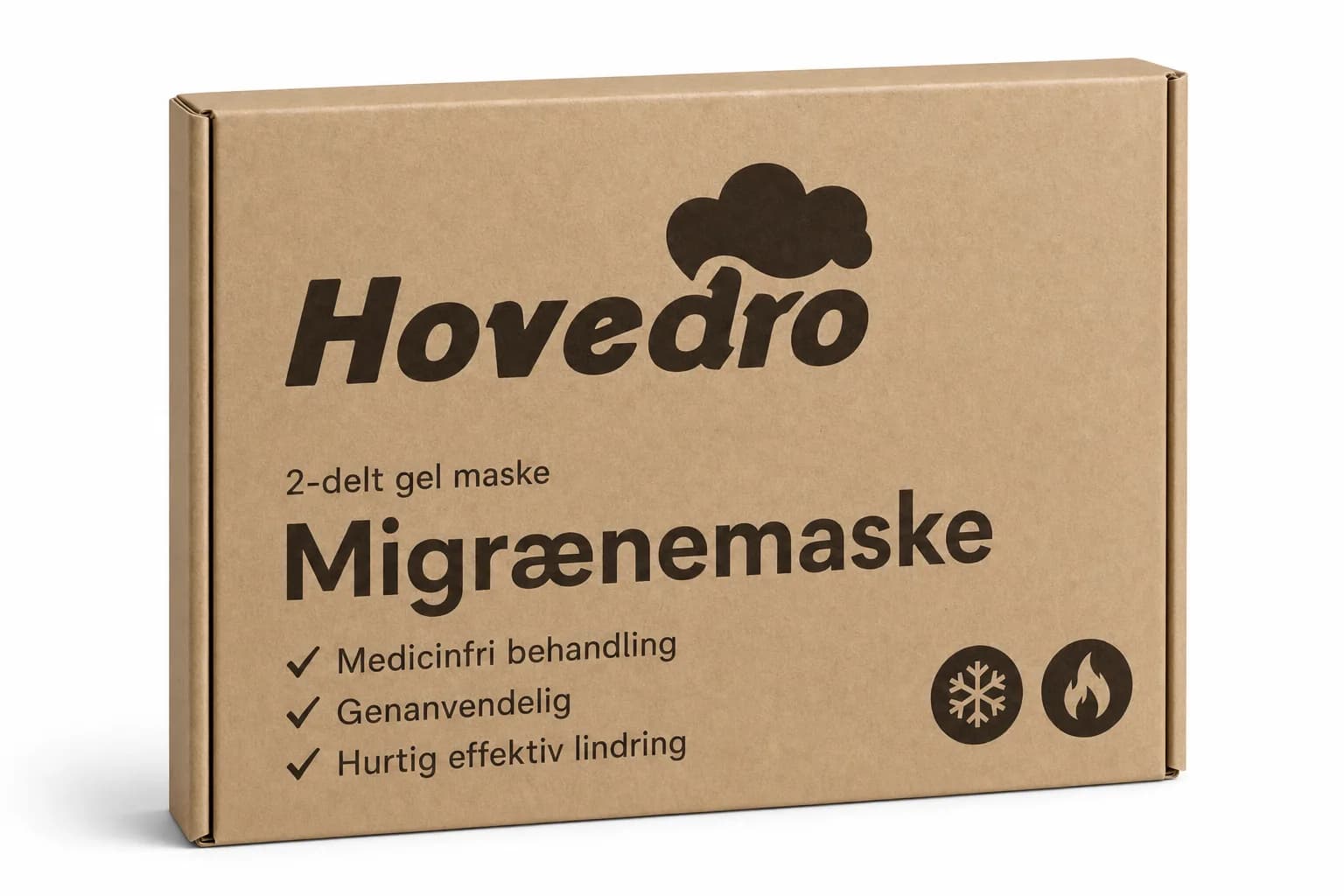 Hovedro migrænemaske emballage vist skråt